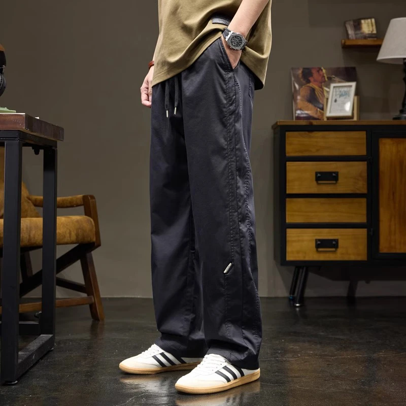 美式高街直筒裤男士宽松垂感阔腿裤春夏薄款纯色简约百搭休闲裤男
