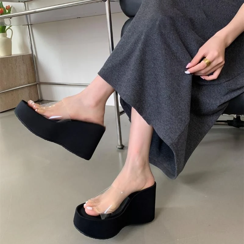 露趾厚底凉拖鞋超高跟粗跟凉鞋女外穿2025夏季新款透明松糕一字拖