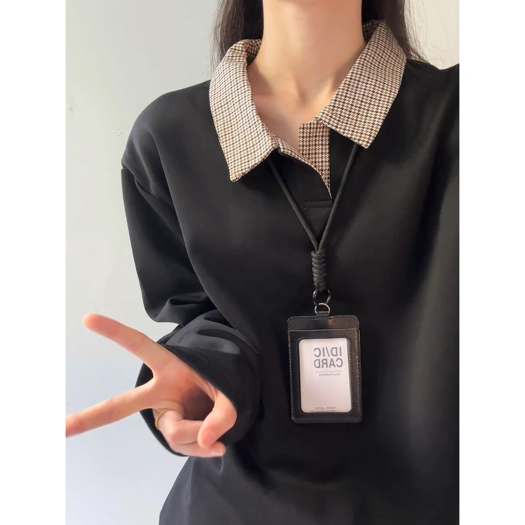 千鸟格翻领卫衣男装秋季款爆款2025新款拼接潮牌重磅硬挺长袖t恤