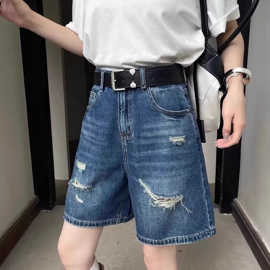 爆犀牛宽松直筒裤女2025夏薄款韩版破洞百搭显瘦四分牛仔裤25191