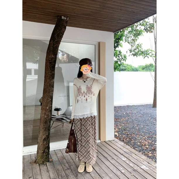 【赵小小&塞纳花房】7991 蕾丝拼接正肩长袖t恤宽松慵懒风显瘦上衣