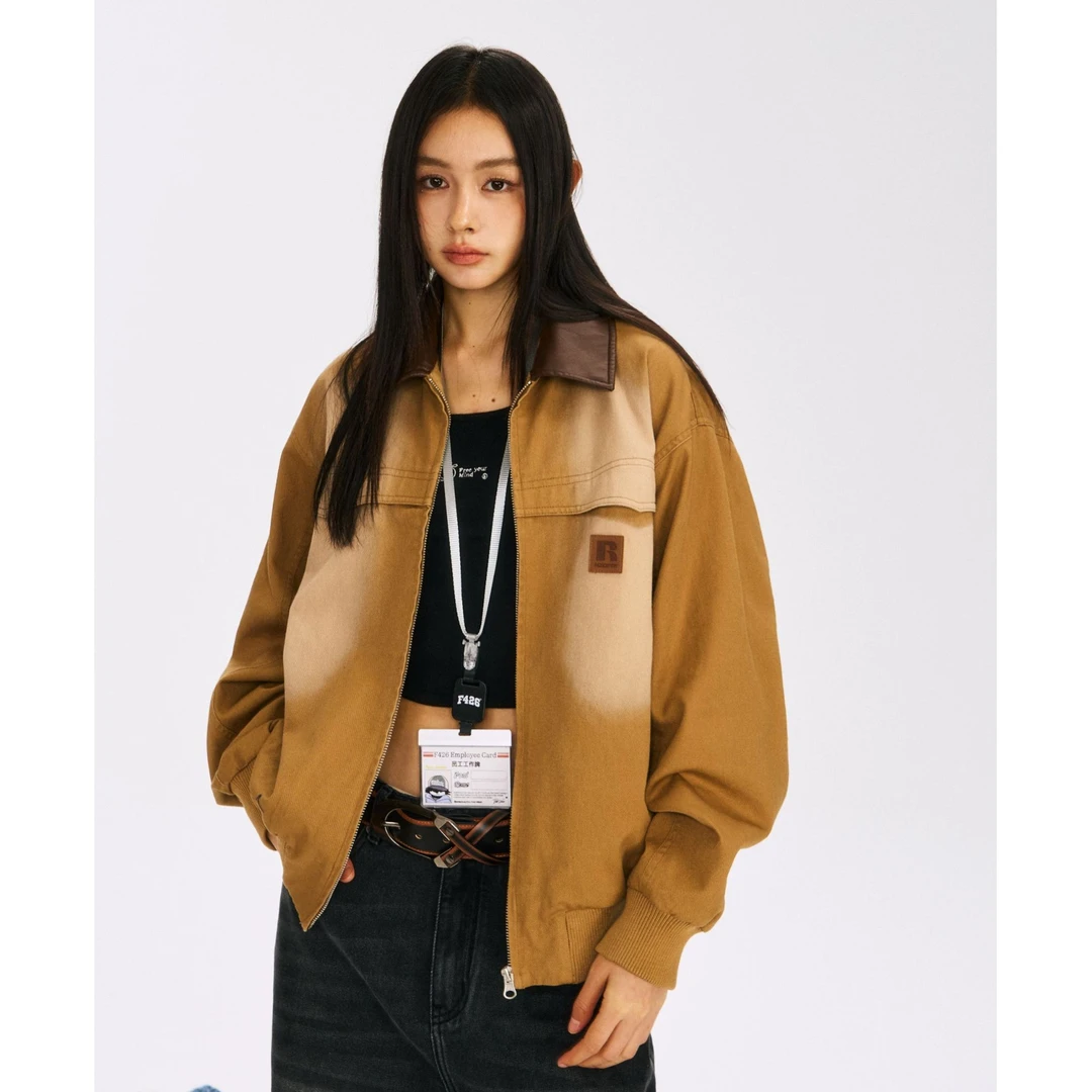 F426春季休闲仿pu皮拼接做旧夹克外套6486