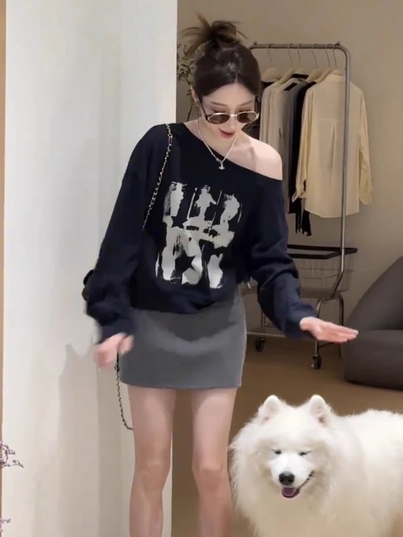 2025早秋新款韩系休闲时尚显瘦气质减龄露肩无帽巨好看卫衣女上衣