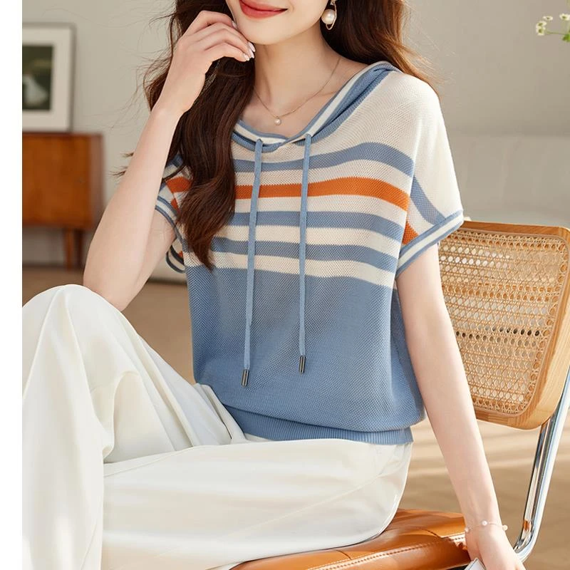 蓝色条纹短袖t恤女2025新款夏季洋气修身连帽短上衣宽松冰丝体恤