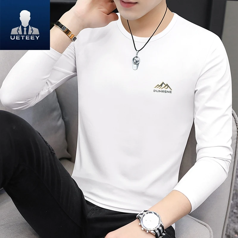 秋季新款男士白色长袖t恤莫代尔圆领卫衣男款打底衫青年休闲体恤