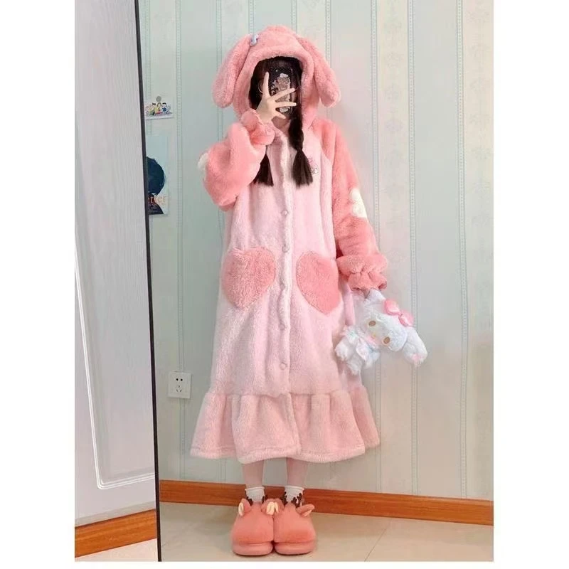 秋冬季珊瑚绒睡袍套卡通动漫连帽睡裙冬季女睡袍外穿四季通用毛绒
