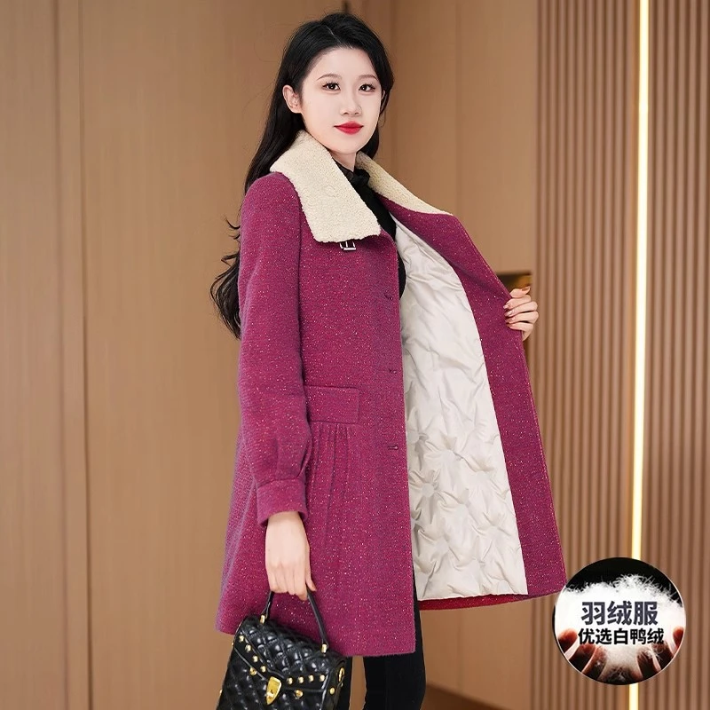 红色小香风毛呢羽绒服女2025新款冬季今年爆款中长款九江结婚外套