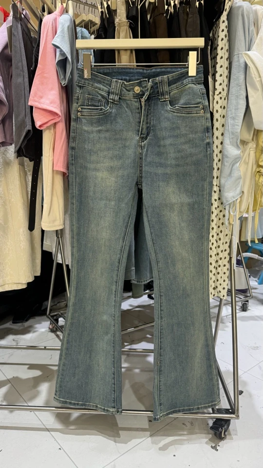 1823夏季高腰长裤牛仔裤浅蓝修腿牛仔开叉阔腿微喇筒裤百搭修身