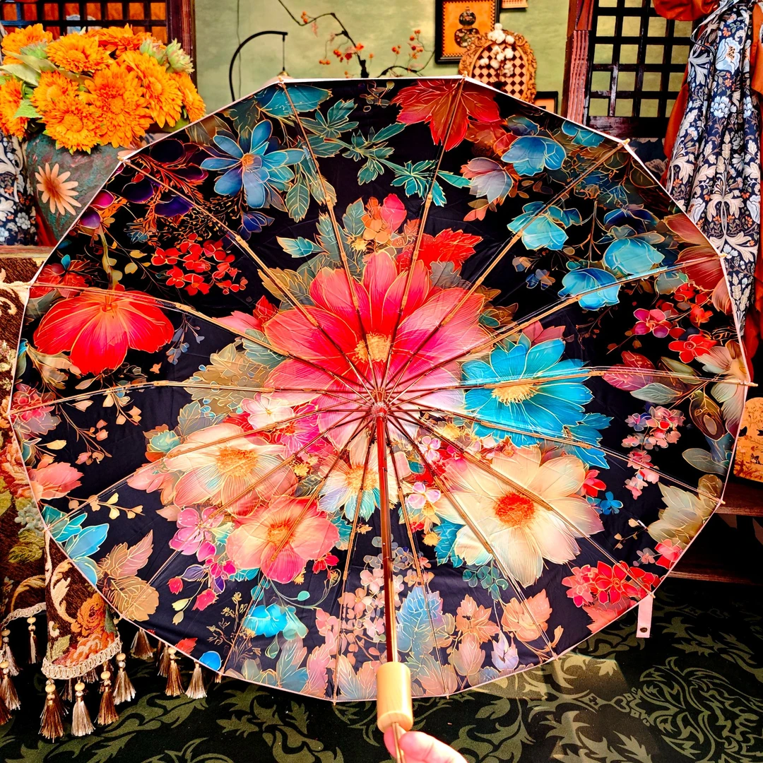 16骨彩胶金杆复古遮阳伞防紫外线结实抗风防晒伞晴雨伞手动大号伞