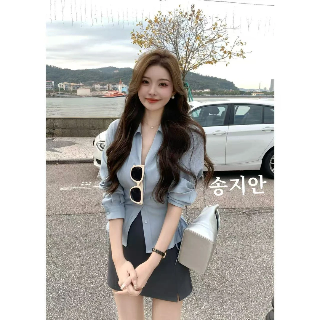 SZA【海港漫步】春季韩系气质翻领收腰衬衫高腰短裙套装A-1509