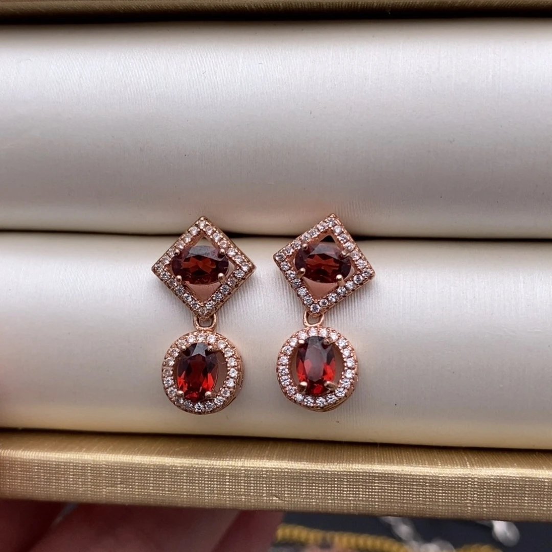 石榴石耳饰银S925镶嵌