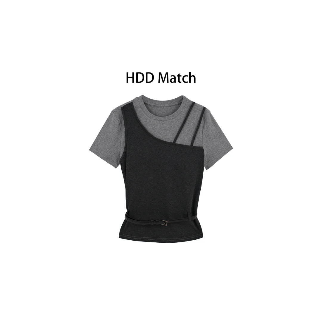 HDD- "随性修身" 棉 假两件设计收腰修身小众打底短袖T恤  Y8399