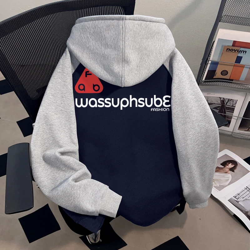 WASSUP HSUBE美式复古撞色连帽男士卫衣重磅国潮牌潮酷高街上衣服