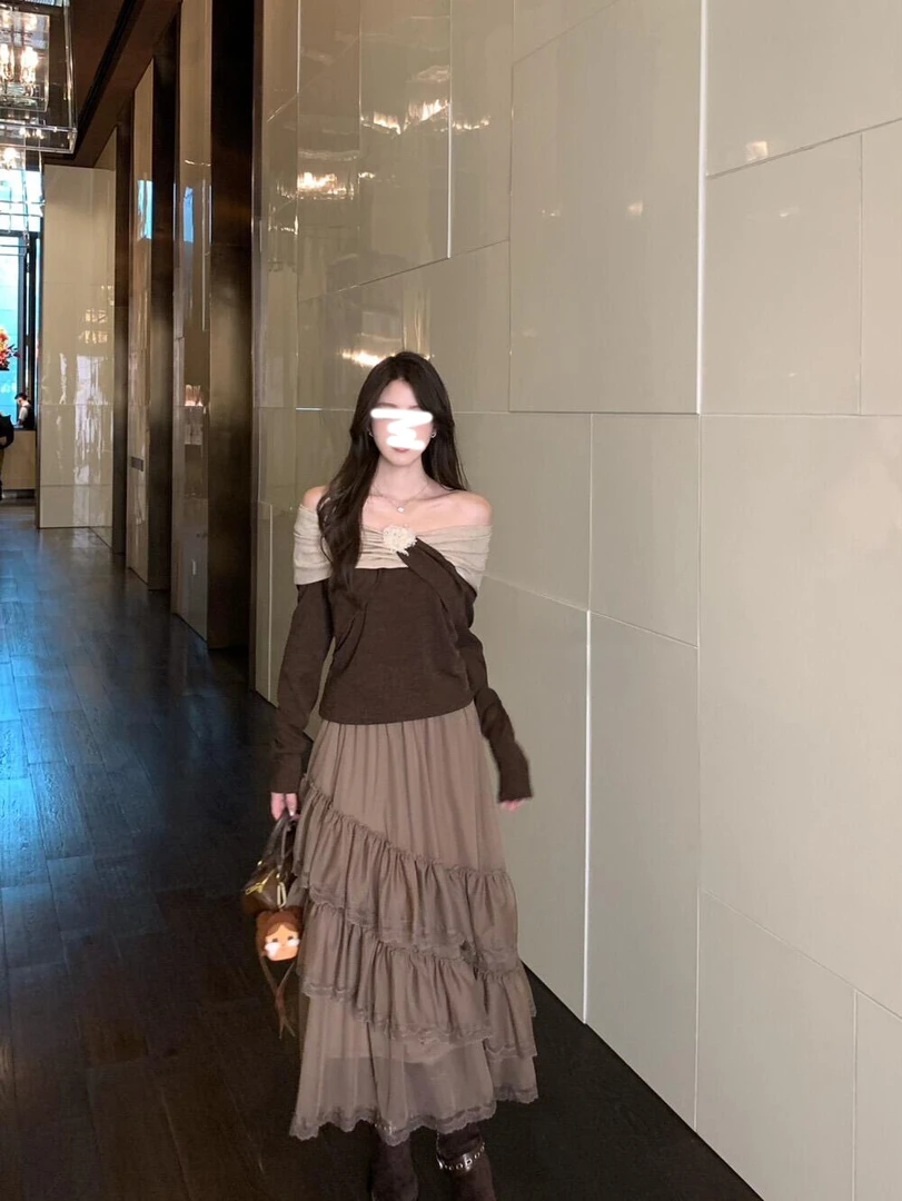 纯欲风辣妹套装拼接撞色花朵一字肩长袖针织衫女秋季半身裙两件套