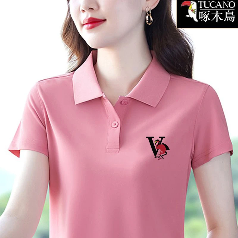 啄木鸟印花短袖翻领T恤女休闲百搭2025年新款夏季纯色运动上衣潮