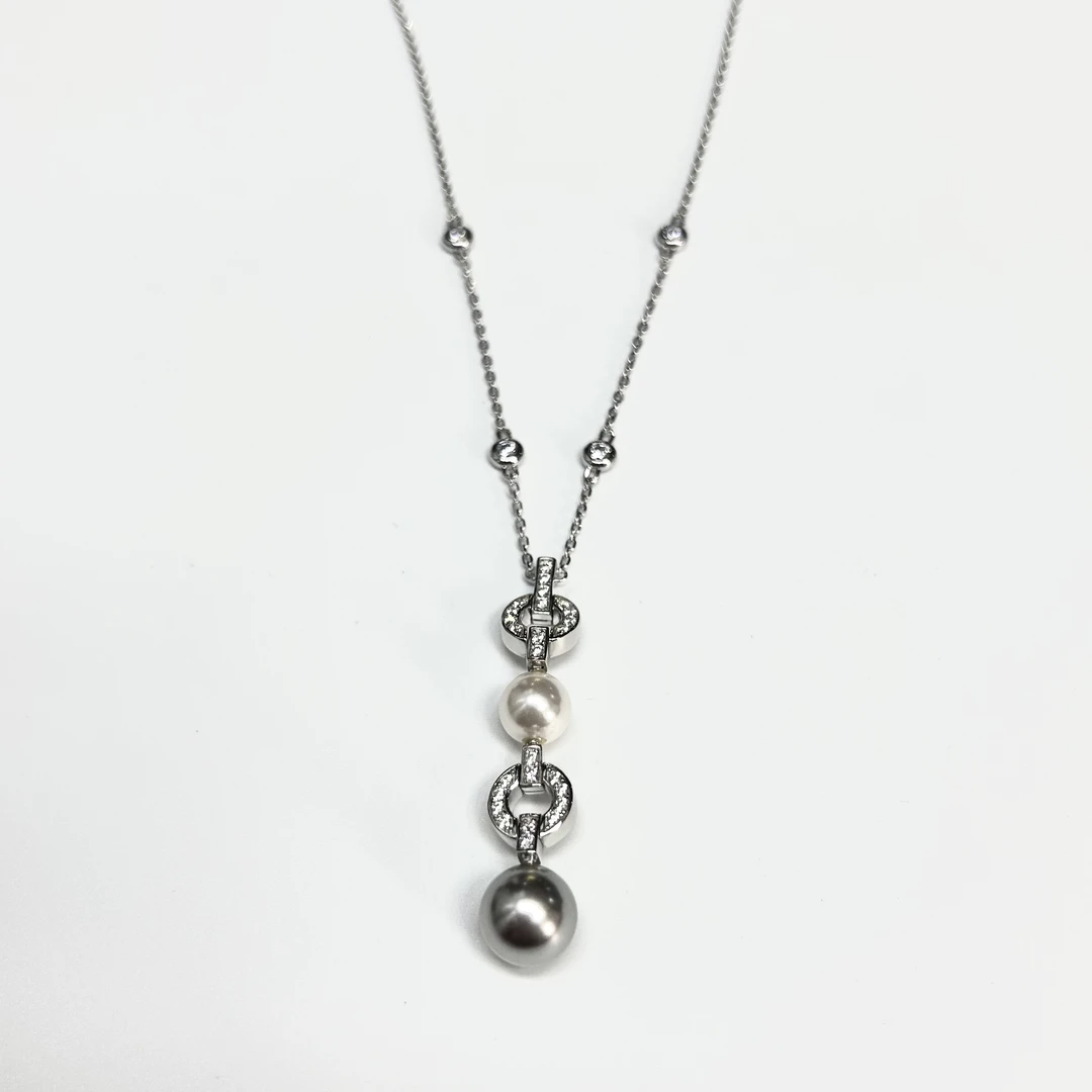 坠链均925银 轻奢欧货高品定制款s925圆盘镶钻双珠流苏项链-X0007