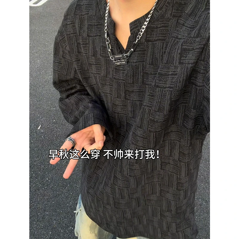美式扎染V领长袖T恤男款秋季新款设计感小众打底衫慵懒风休闲卫衣