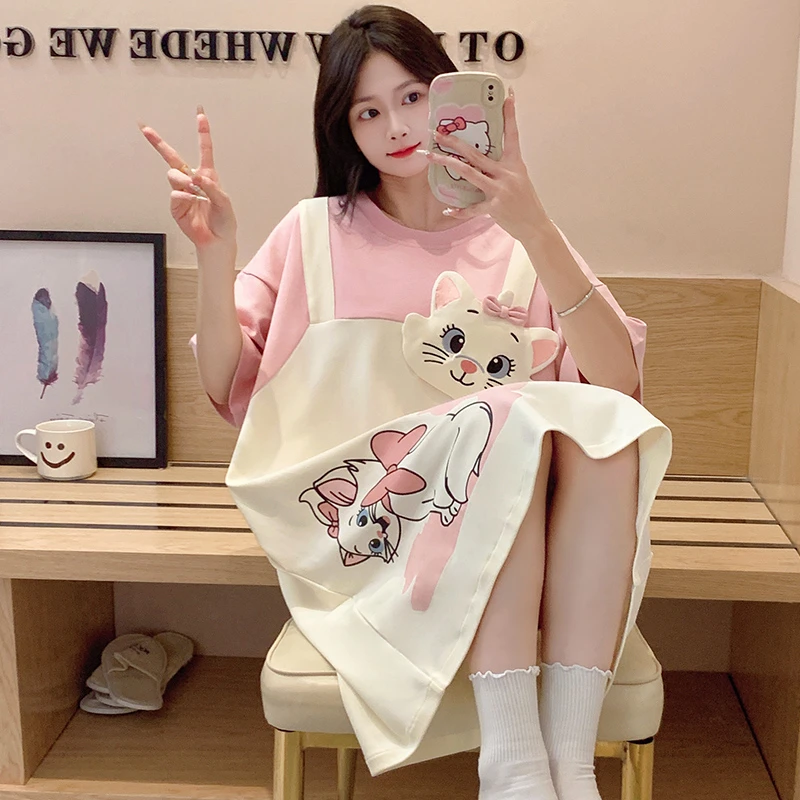 纯棉睡裙女款夏季短袖睡衣女夏天薄款全棉学生卡通可爱外穿家居服