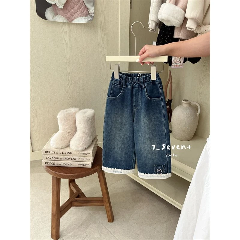【刺绣猫】7Seven·25冬~女童加绒立体小猫花边牛仔裤9378（童装汉服）