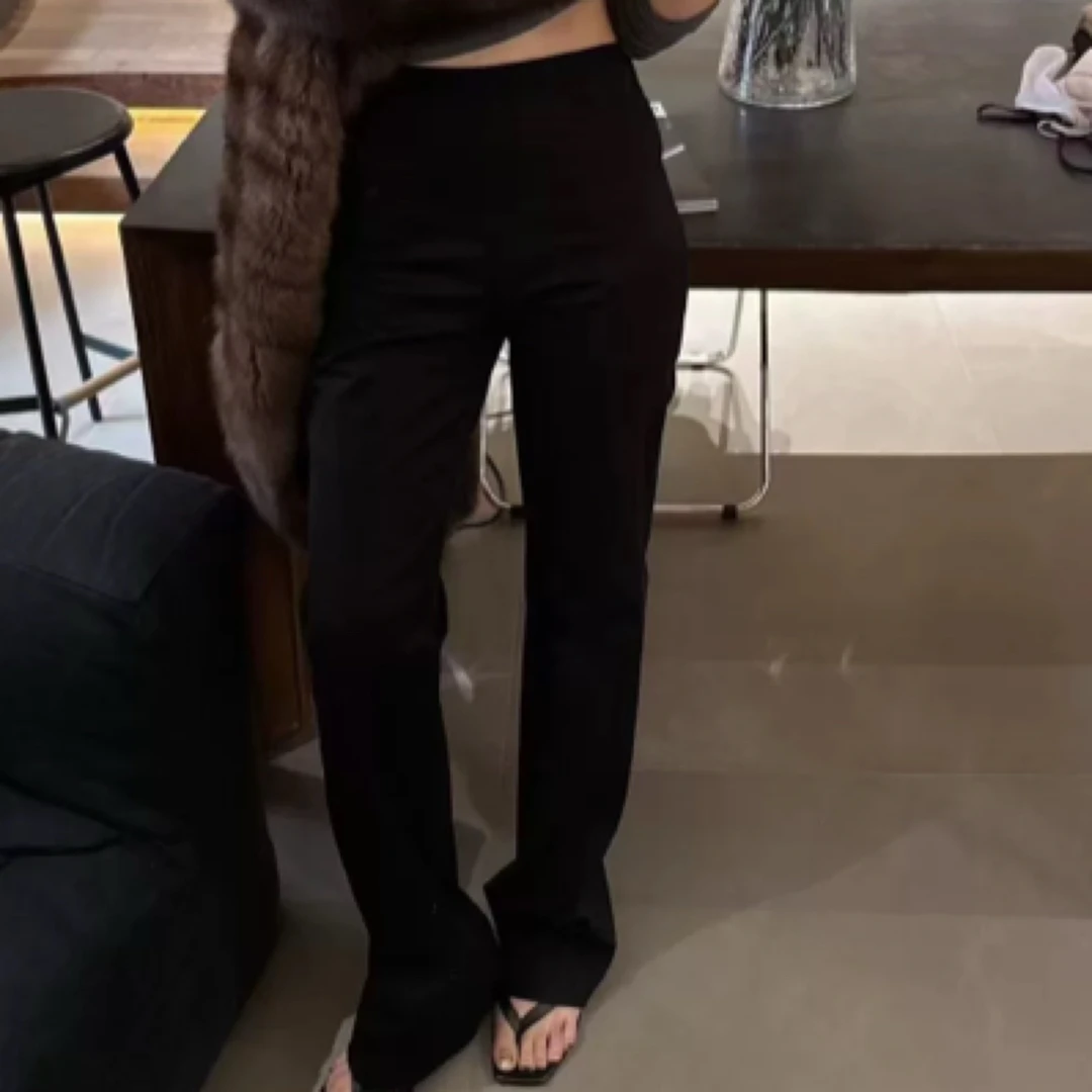 现韩国东大门2025春季向日葵欧尼同款气质高腰微喇休闲裙裤黑色