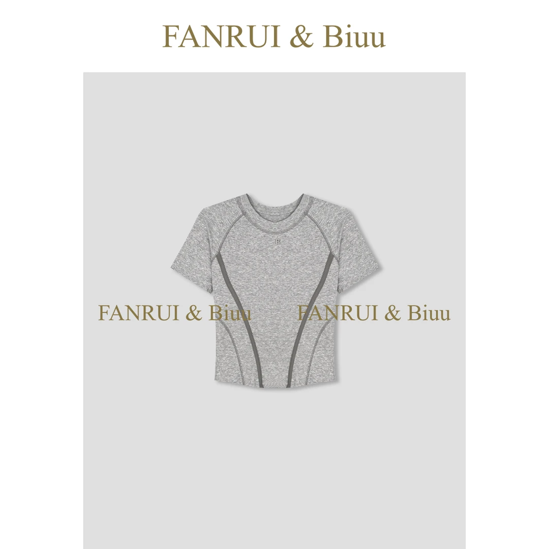 FANRUI/泛芮「落日剪影」新款纯色线条圆领修身显瘦短袖T恤女B16984