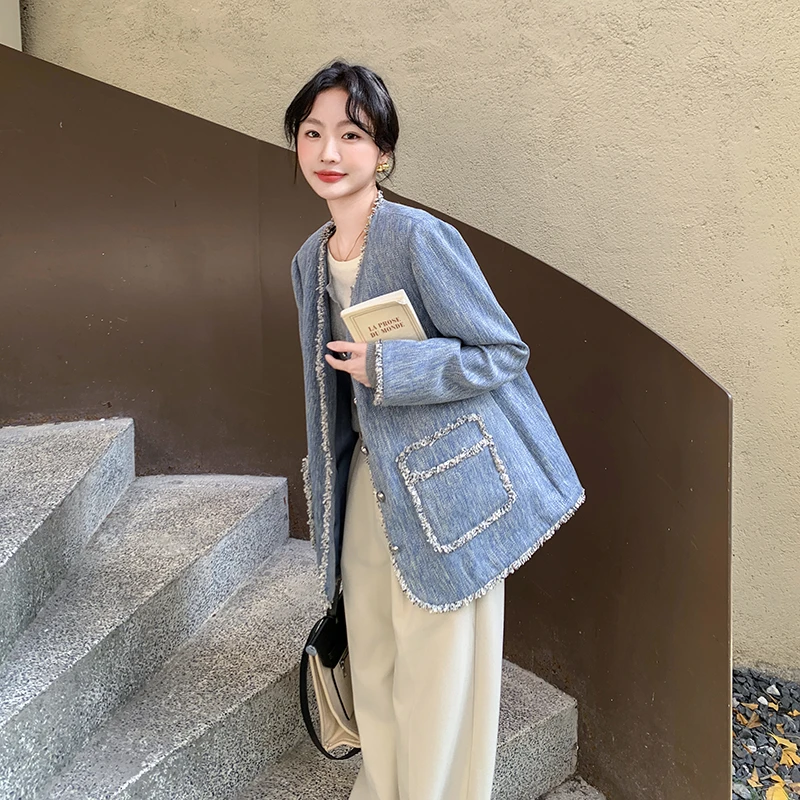 蓝色小香风外套女2025春季新款韩式设计感小个子时尚洋气短款上衣