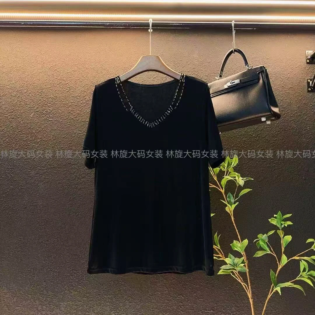 新款大码v领重工2025夏显瘦高级感时尚减龄半袖/3335