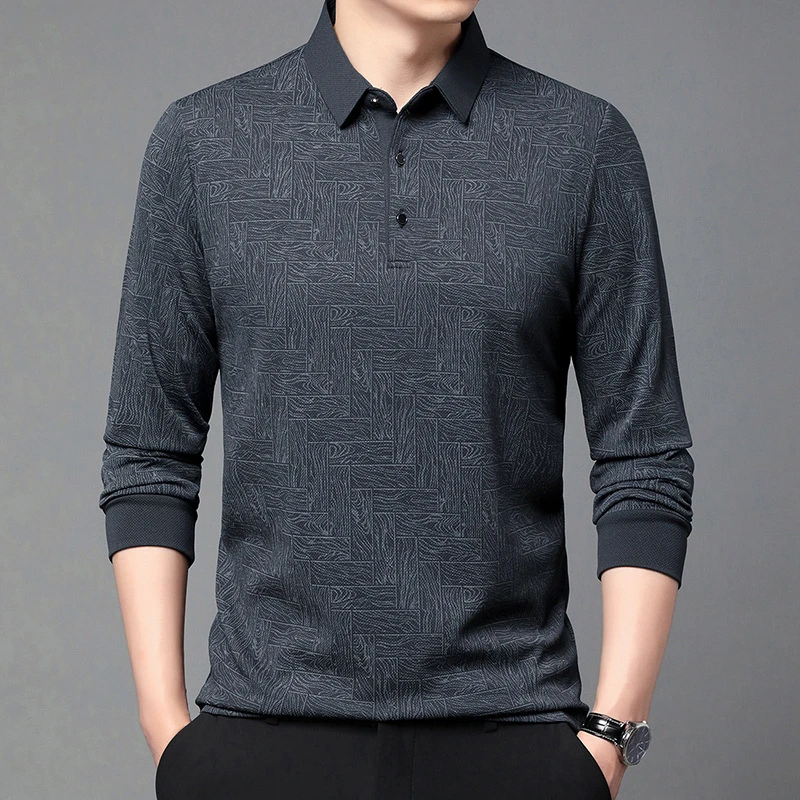 秋季新款男士长袖T恤翻领宽松Polo衫商务休闲打底衫高档爸爸装-K