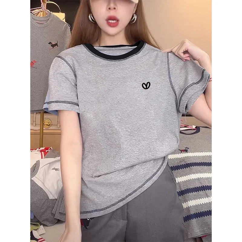 2025新款明线拼色短袖女t恤正肩圆领时尚百搭灰色体恤上衣夏季潮