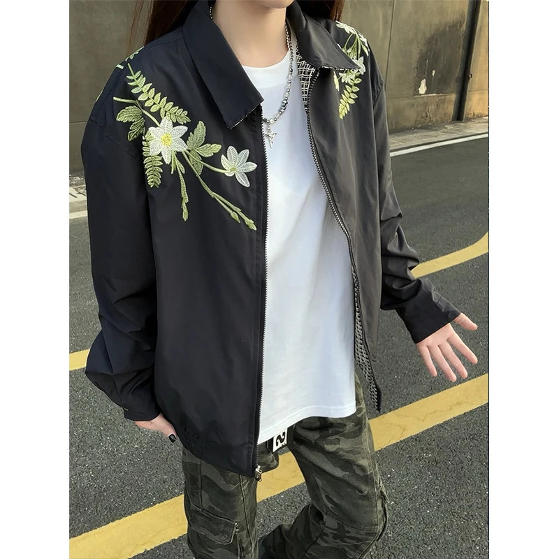 花卉刺绣藏蓝色双面穿短款外套男秋季高级感翻领cleanfit飞行夹克