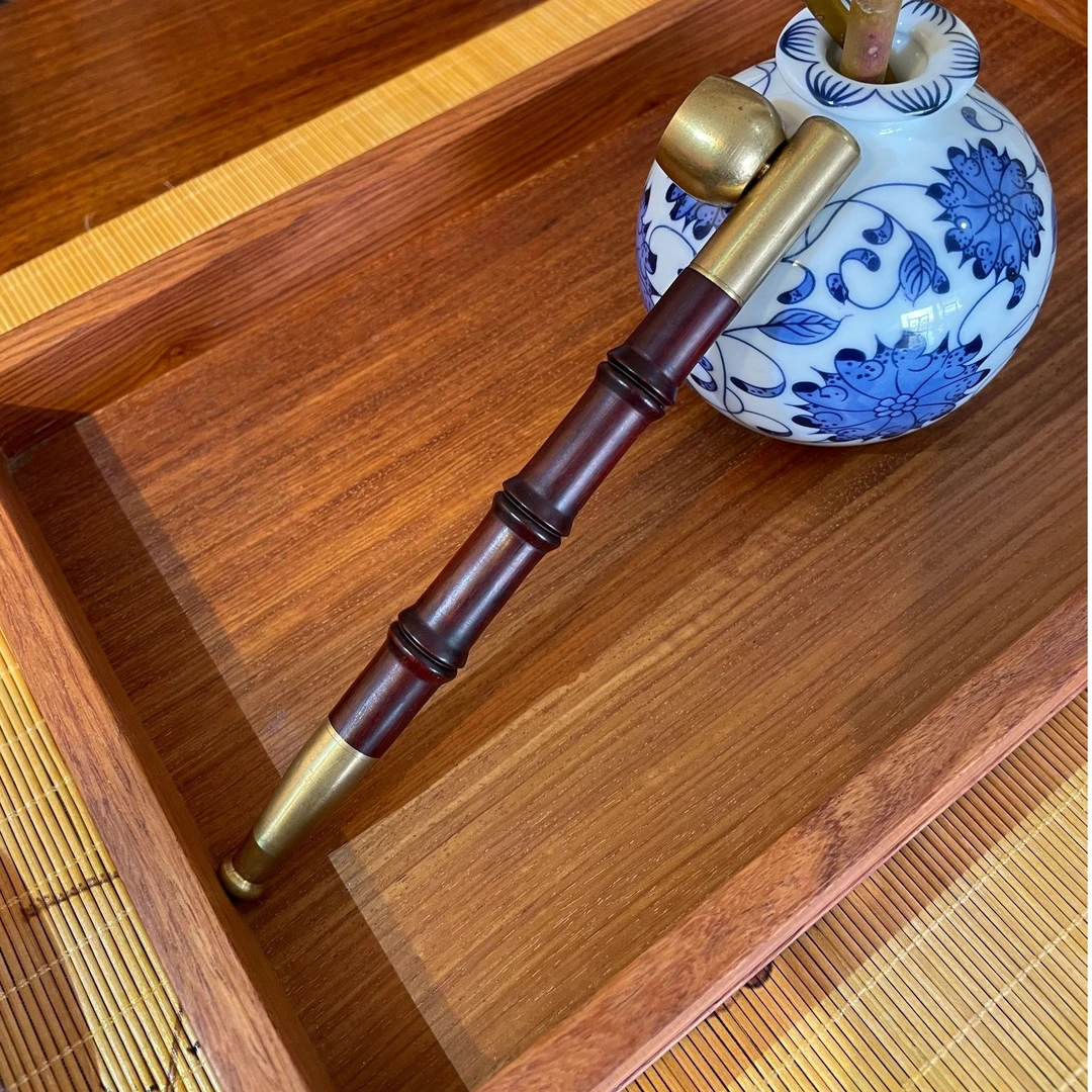血檀木节节高升竹节烟斗老式黄铜旱烟袋