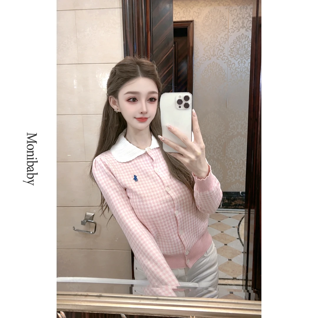 Moni【甜度超标】早秋英伦学院风粉白格娃娃领撞色针织开衫毛衣