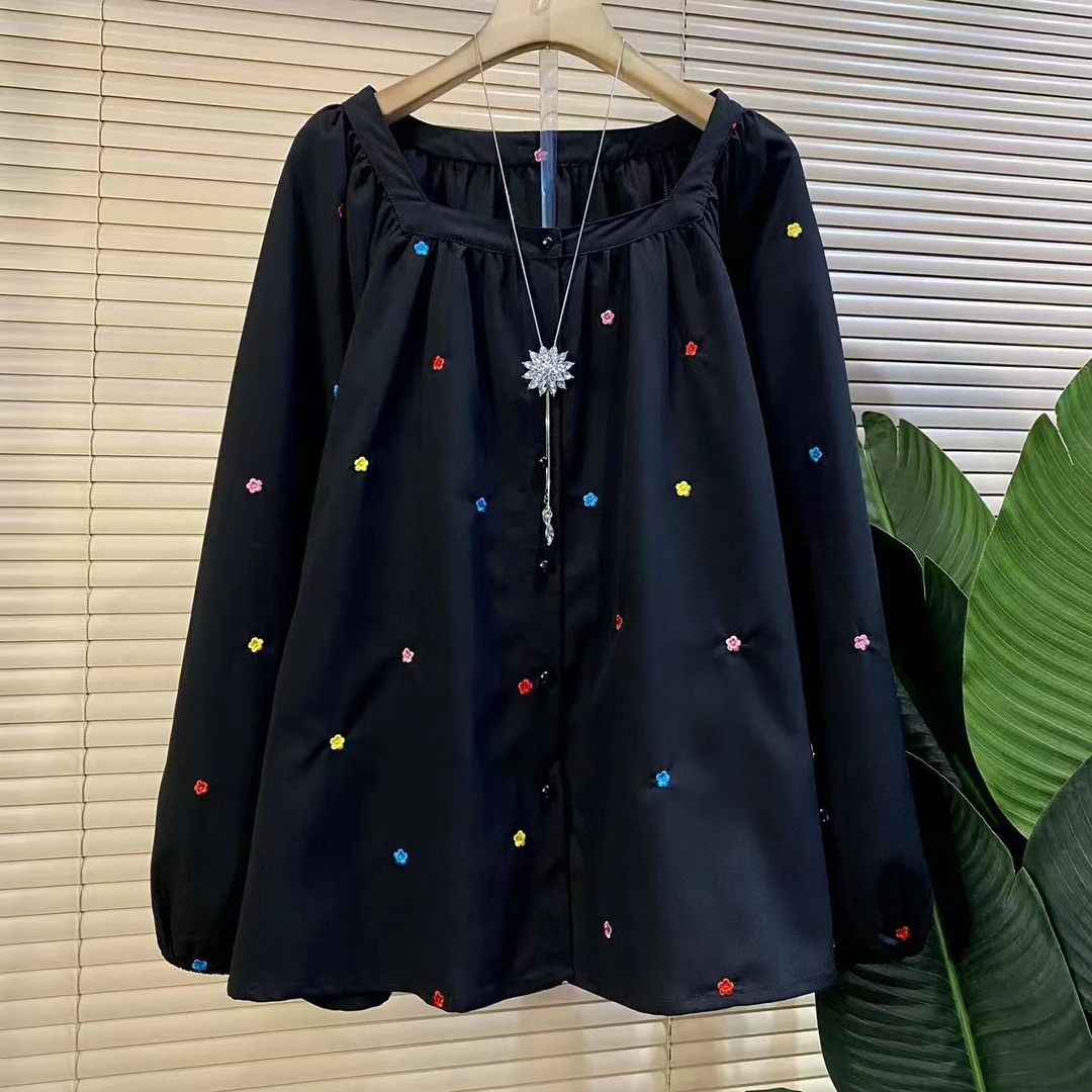 F-1225胖mm欧货时尚新款方领刺绣提花遮肉显瘦衬衫