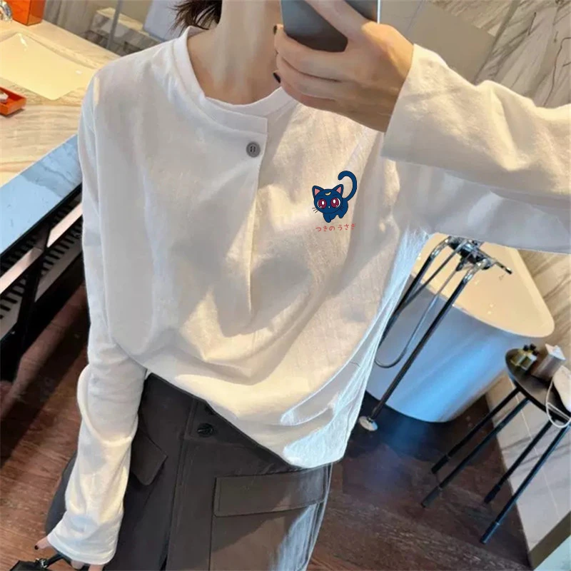 欧货白色设计感小众别致长袖t恤女秋冬季正肩宽松纯棉一粒扣上衣