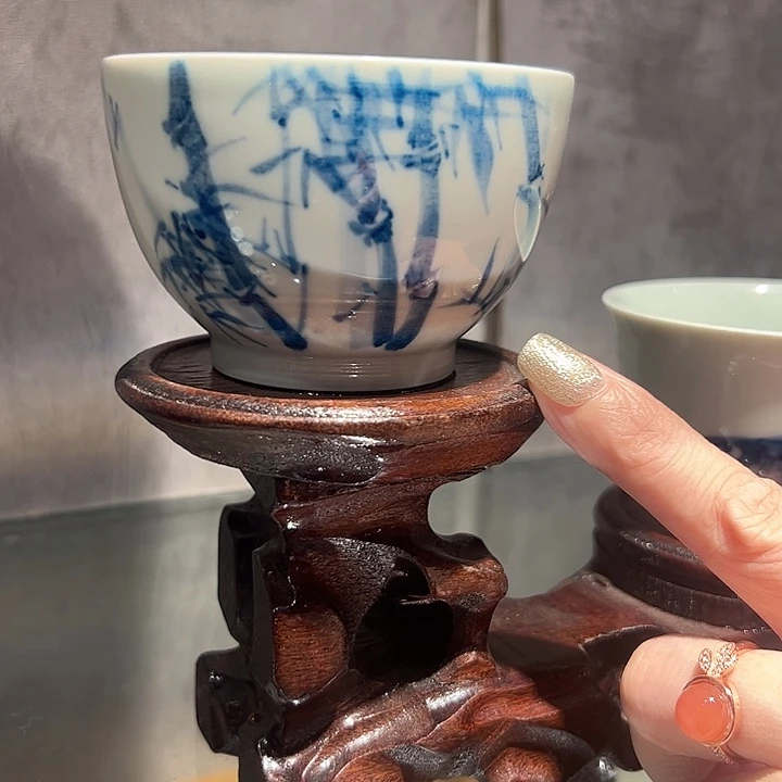 摆件景德镇高温瓷器手工手绘竹子直口杯