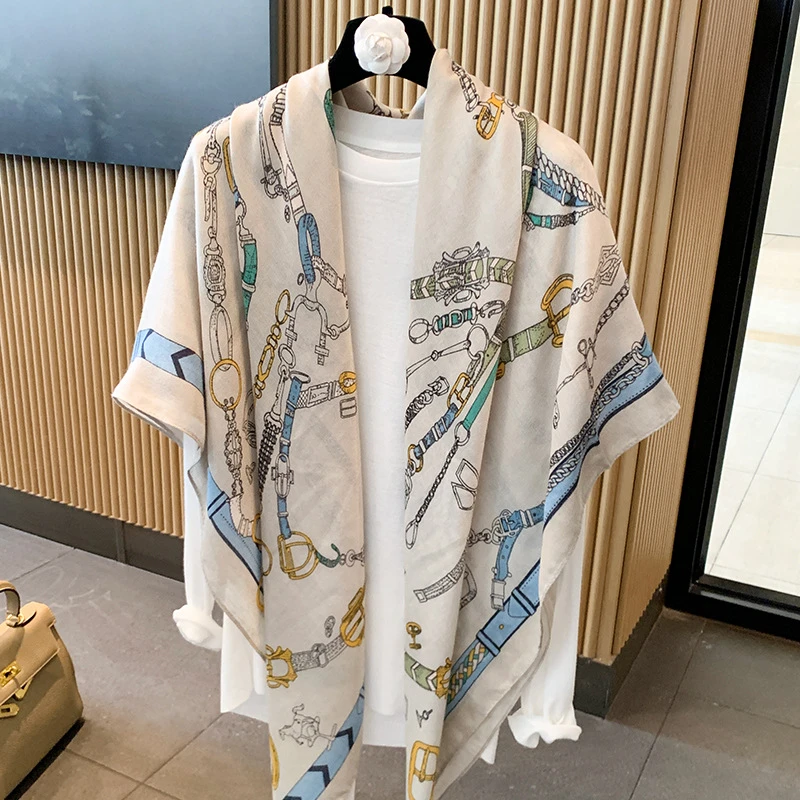 130CM链条丝巾大方巾女薄款空调房披肩围巾旅游穿搭防晒超大纱巾