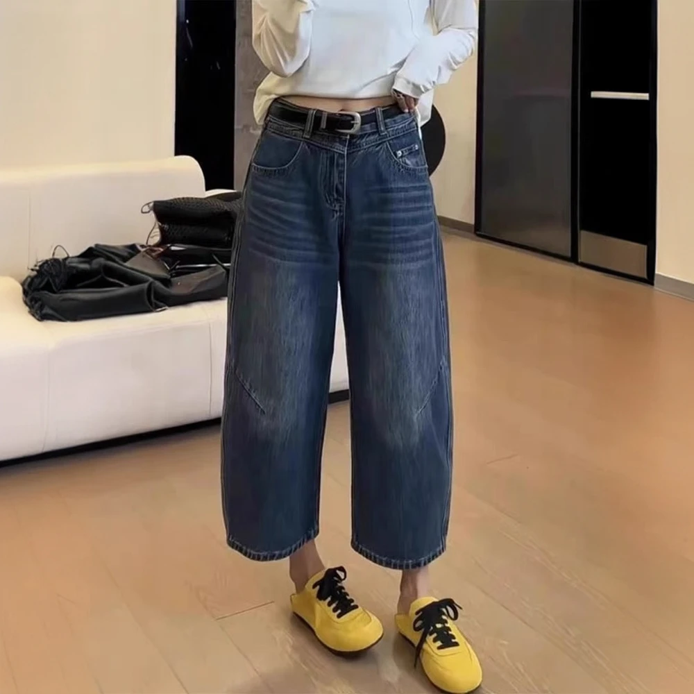 大码欧货九分阔腿弯刀牛仔裤女春季胖mm显瘦小个子高腰宽松直筒裤