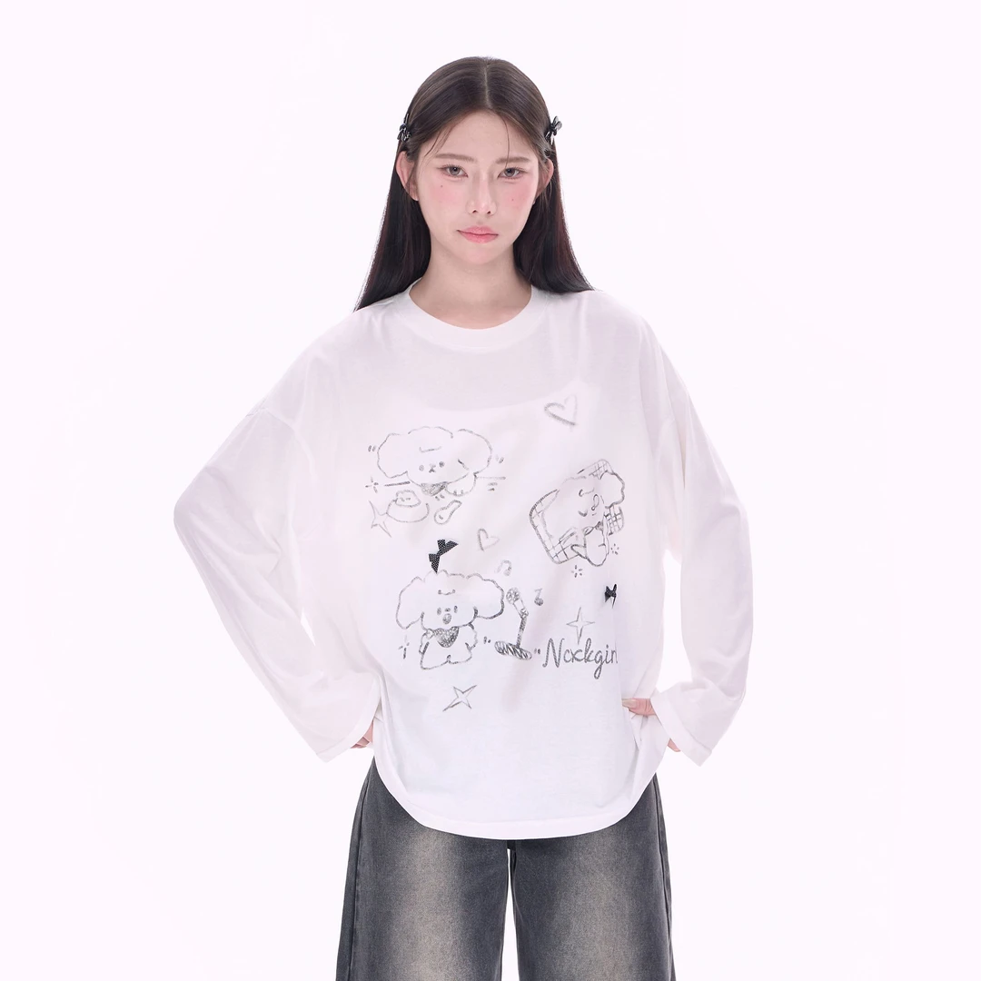 NCXK-蝴蝶结线条小狗印花长袖T恤罩衫休闲百搭显瘦CX25006