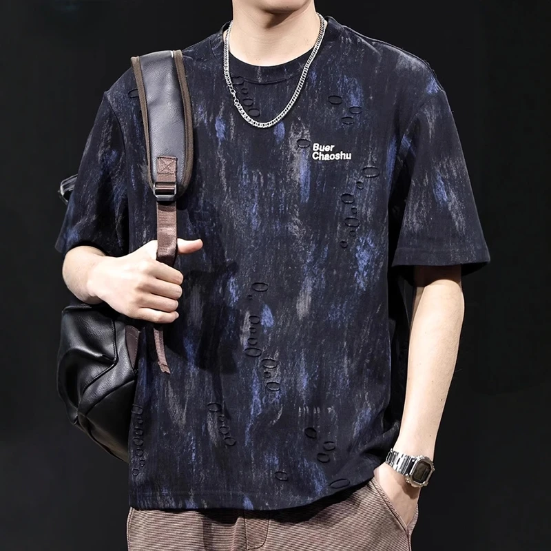 云染破洞短袖t恤男士夏季2025新款大码高端轻奢衣服美式潮牌体恤