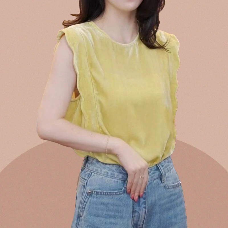 新中式纯色气质减龄丝绒花边马甲女夏季新款国风通勤无袖打底上衣