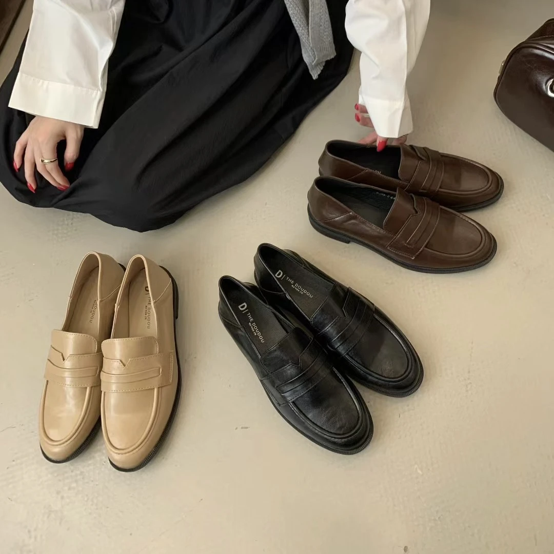 秋季低跟防滑透气极简风圆头单鞋经典复古乐福鞋小皮鞋d133-5