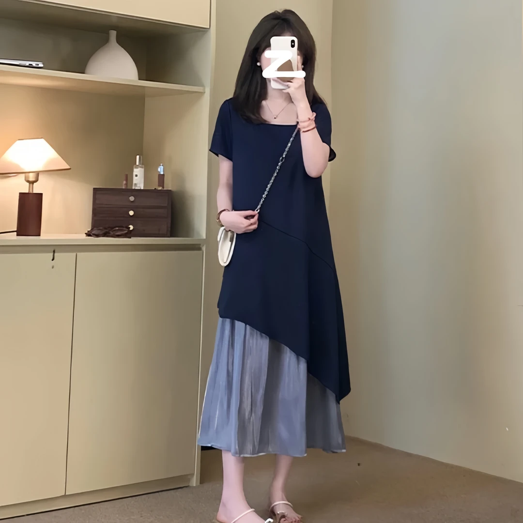 法式轻奢气质短袖连衣裙女2025夏季新款小个子时尚拼接假两件长裙