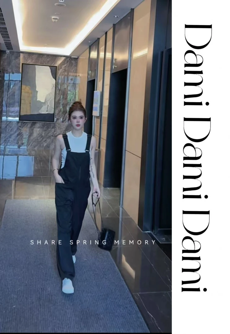 Dami黑色工装背带裤女2025夏季美式复古小个子显瘦休闲直筒裤