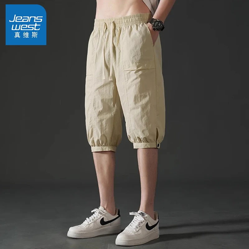 Jeanswest/真维斯百搭冰丝七分裤夏季男士潮流宽松休闲运动短裤男
