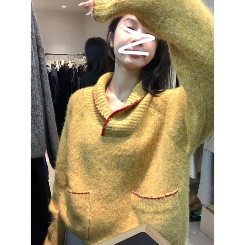 秋冬新款韩系简约日常通勤慵懒撞色翻领针织衫保暖加厚毛衣