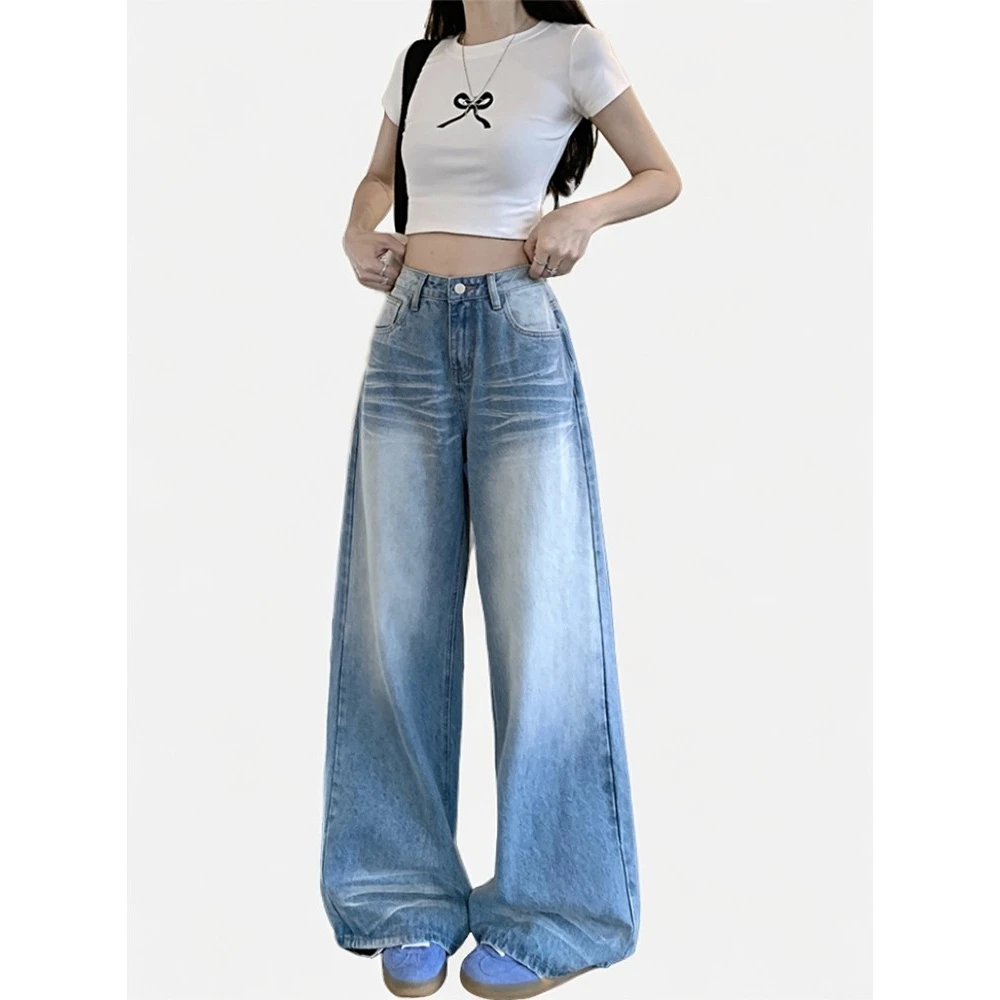 美式折痕做旧水洗牛仔裤女夏季新款高腰显瘦宽松直筒阔腿拖地裤子