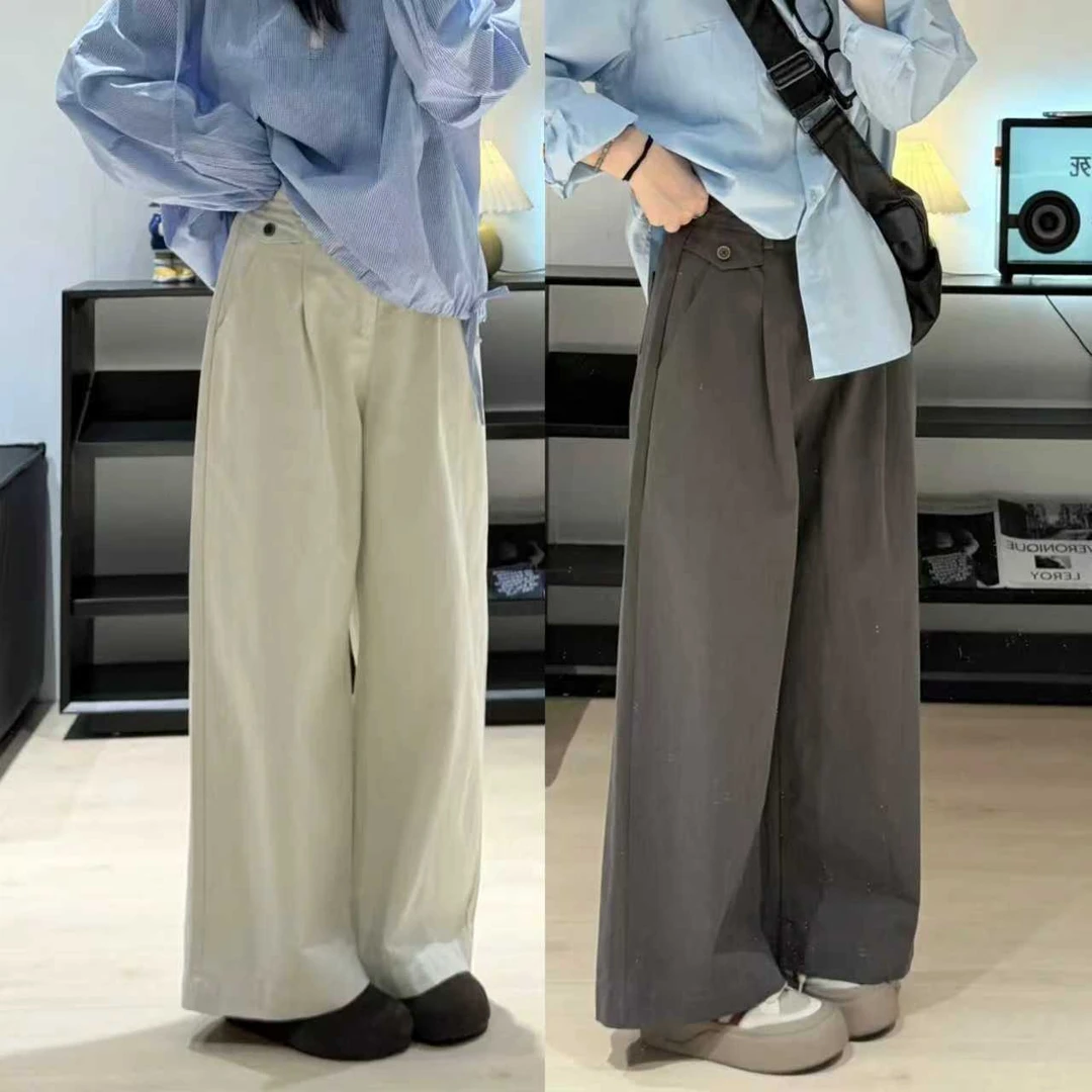 杏色窄版工装直筒裤女秋季新款胖mm梨型身材显瘦宽松阔腿休闲裤