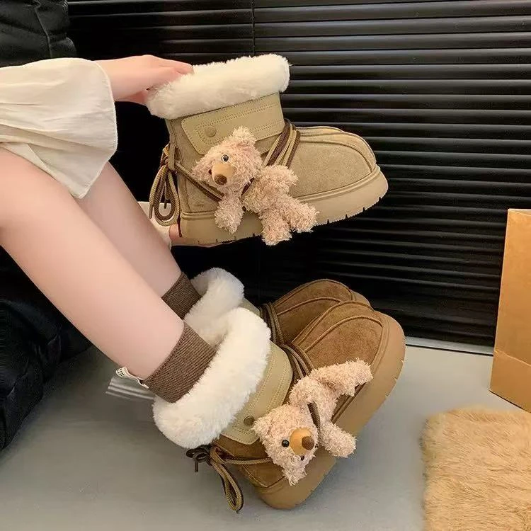 「莱莱」3199小熊雪地靴厚底增高保暖棉靴2025年冬季新款绑带雪地靴