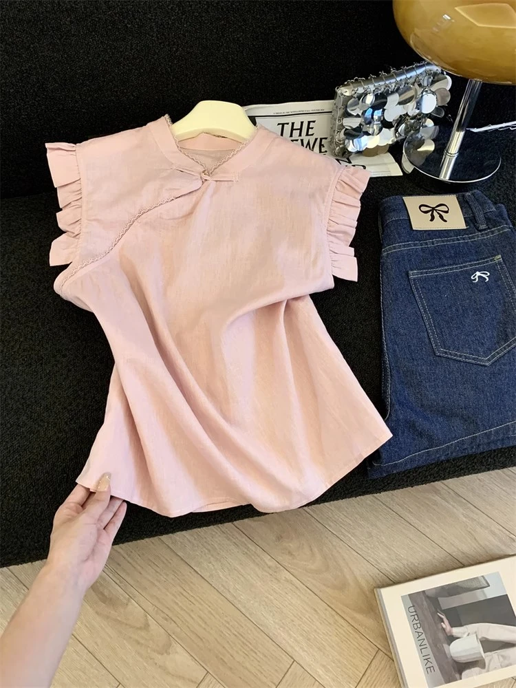 高级感中国风设计感木耳边拼接背心女2025年夏季无袖气质别致小衫