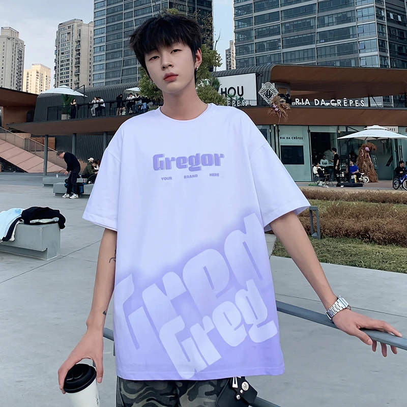 夏季薄款潮牌字母压花圆领上衣青少年宽松休闲百搭透气体T恤上衣